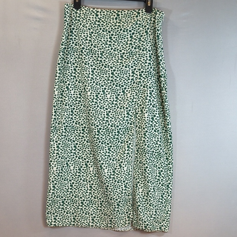 ASOS DESIGN midi skirt with thigh split in green & ivory print Skirt , S - 10